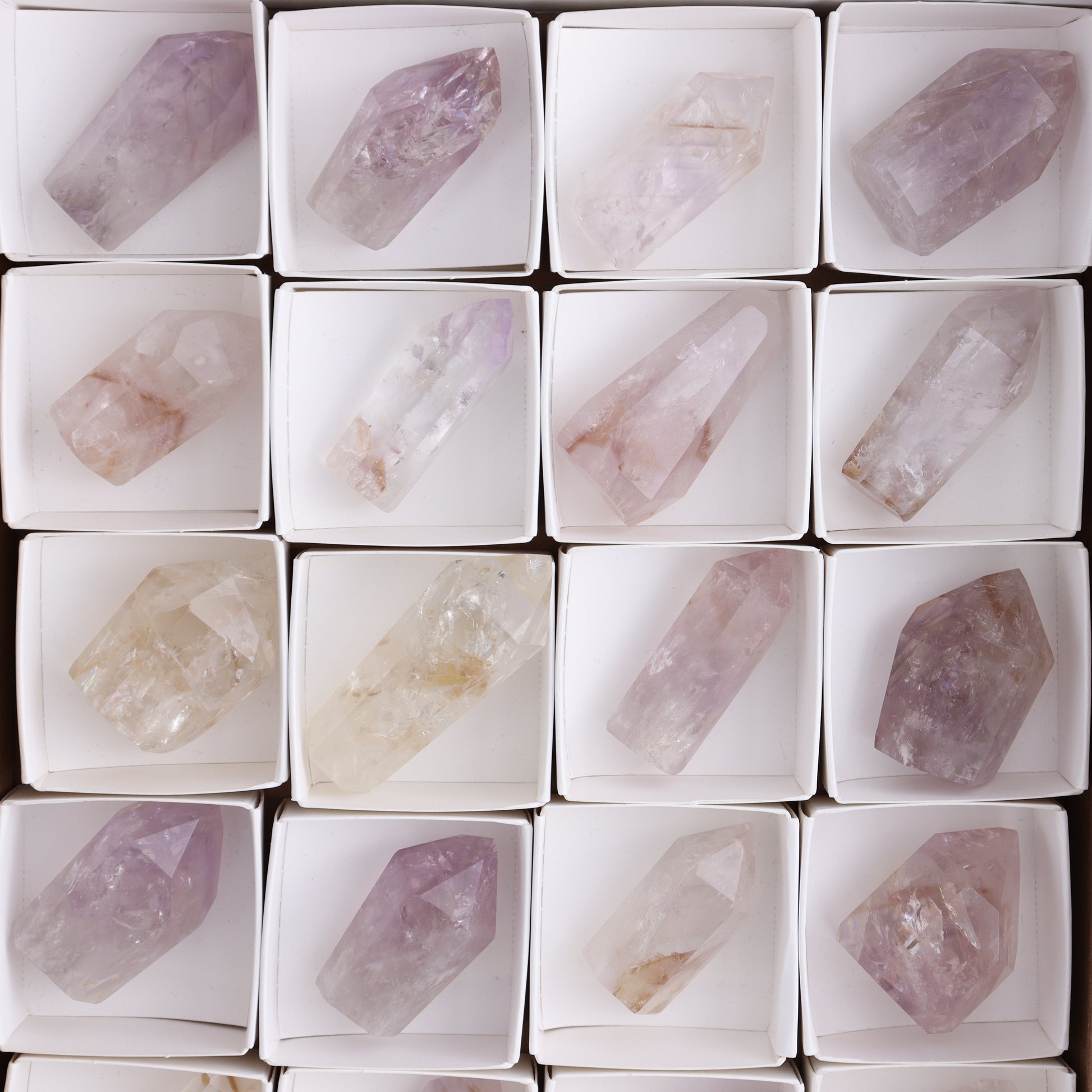 Powellite Amethyst UV Reactive Towers Set of 20 - Expert Wholesale and Supplier of Wholesale Crystals & Bulk Gemstones, ["Amethyst","Powellite"]