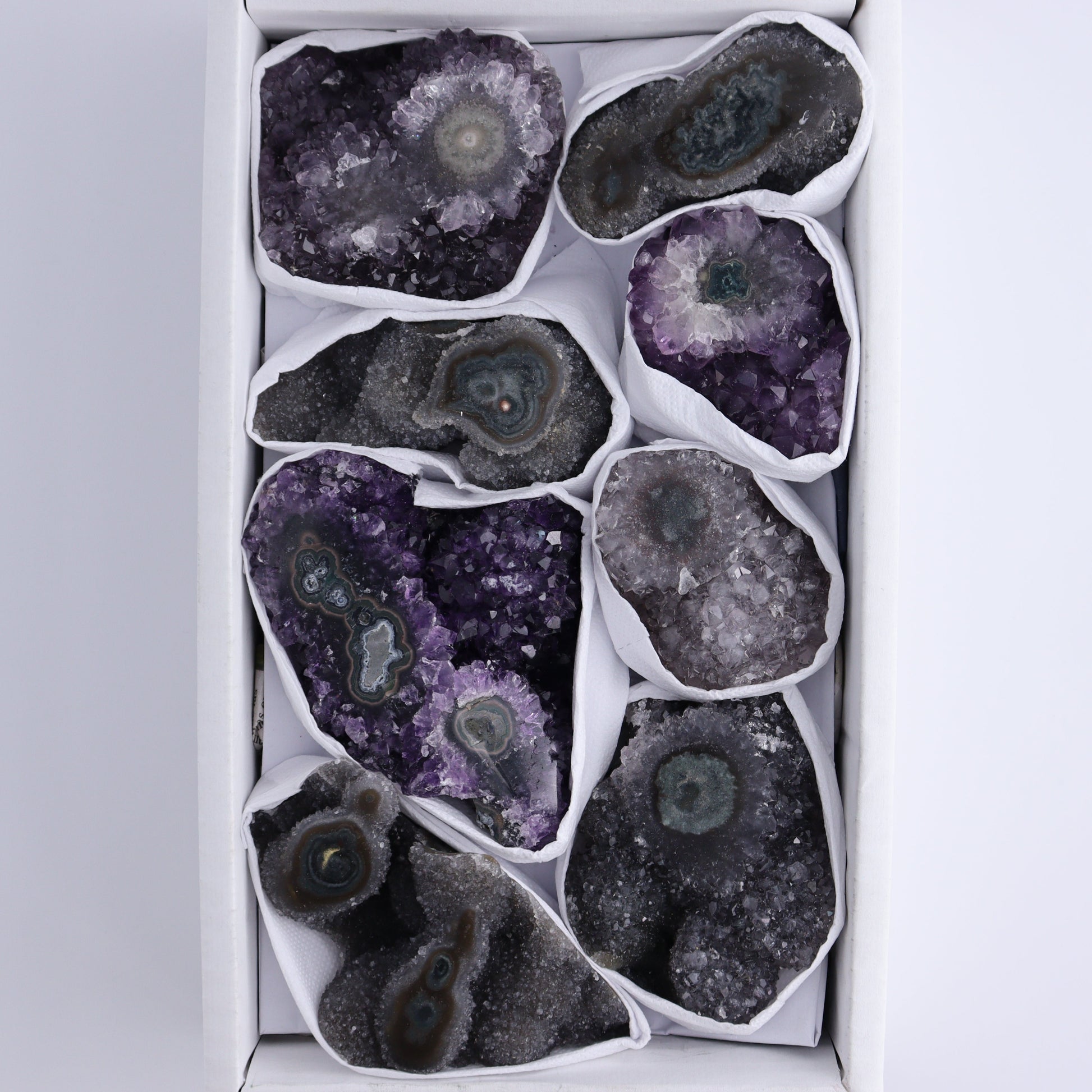 Uruguay Amethyst Clusters with "Eyes" Flat of 8 - Expert Wholesale and Supplier of Wholesale Crystals & Bulk Gemstones, ["Amethyst","Clusters","Eyes Amethyst","Uruguay"]