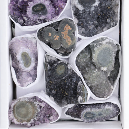 Uruguay Amethyst Clusters with "Eyes" Flat of 10 - Expert Wholesale and Supplier of Wholesale Crystals & Bulk Gemstones, ["Amethyst","Amethyst Eyes","Clusters","Uruguay"]