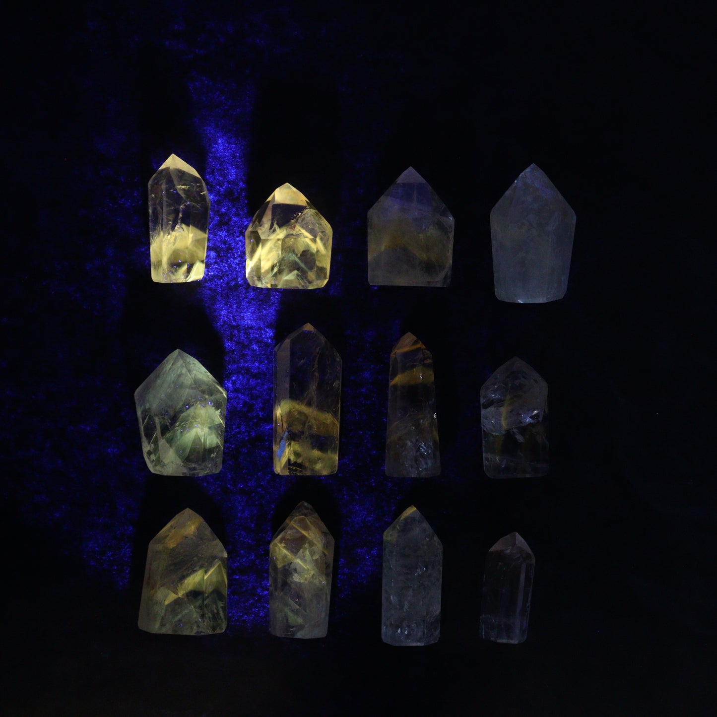 Powellite Amethyst UV Reactive Towers Set of 30 - Expert Wholesale and Supplier of Wholesale Crystals & Bulk Gemstones, ["Amethyst","Powellite"]