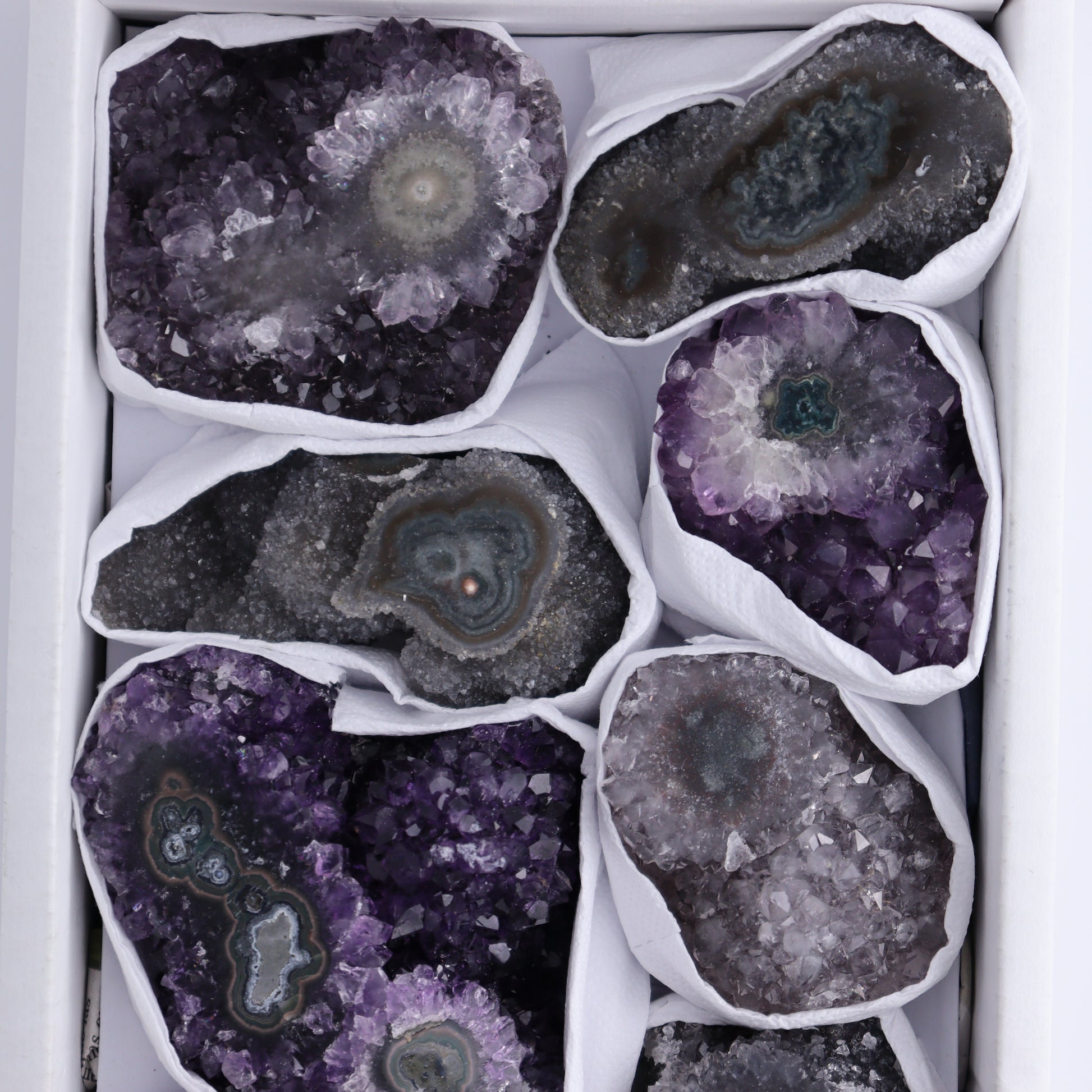Uruguay Amethyst Clusters with "Eyes" Flat of 8 - Expert Wholesale and Supplier of Wholesale Crystals & Bulk Gemstones, ["Amethyst","Clusters","Eyes Amethyst","Uruguay"]