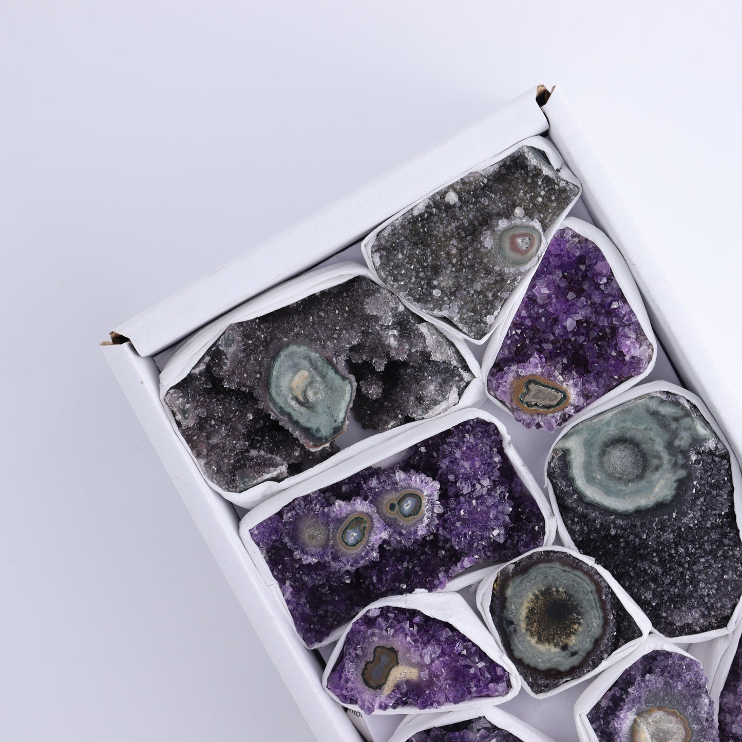 Uruguay Amethyst Clusters with "Eyes" Flat of 10 - Expert Wholesale and Supplier of Wholesale Crystals & Bulk Gemstones, ["Amethyst","Clusters","Eyes Amethyst","Uruguay"]