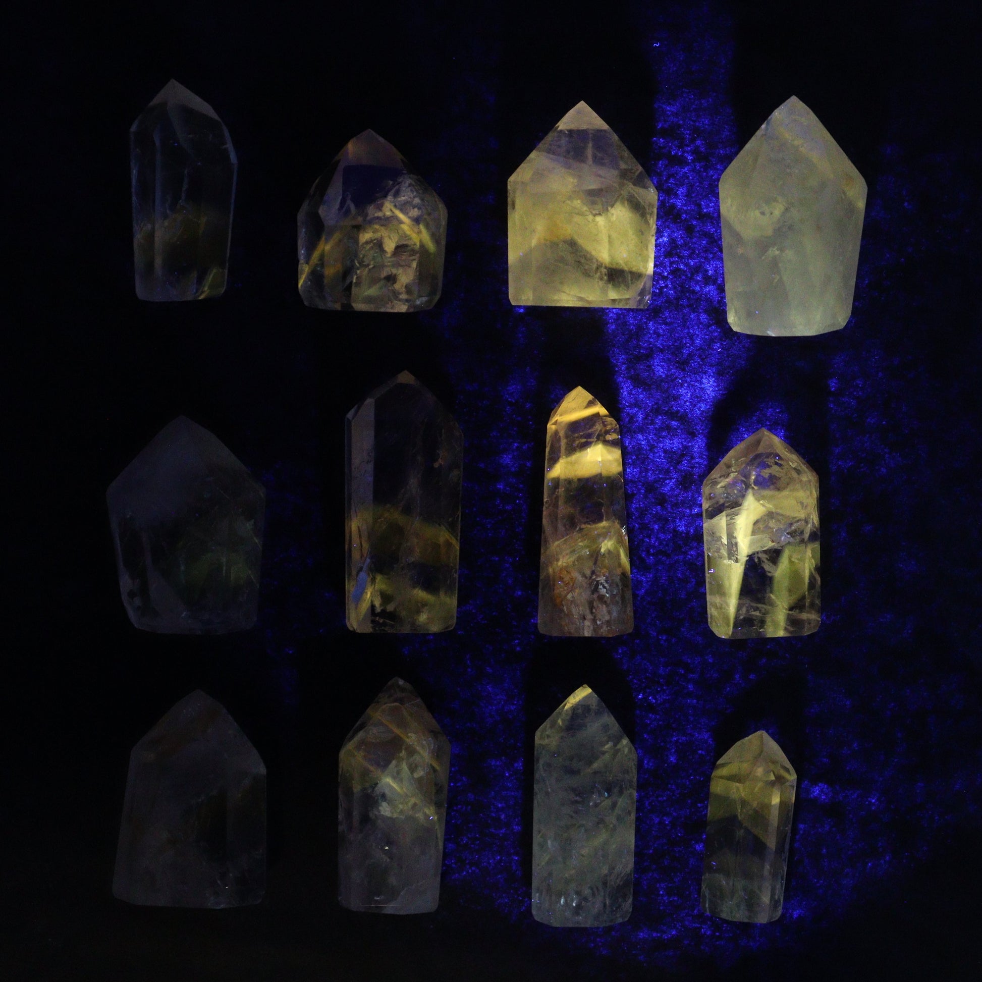 Powellite Amethyst UV Reactive Towers Set of 30 - Expert Wholesale and Supplier of Wholesale Crystals & Bulk Gemstones, ["Amethyst","Powellite"]