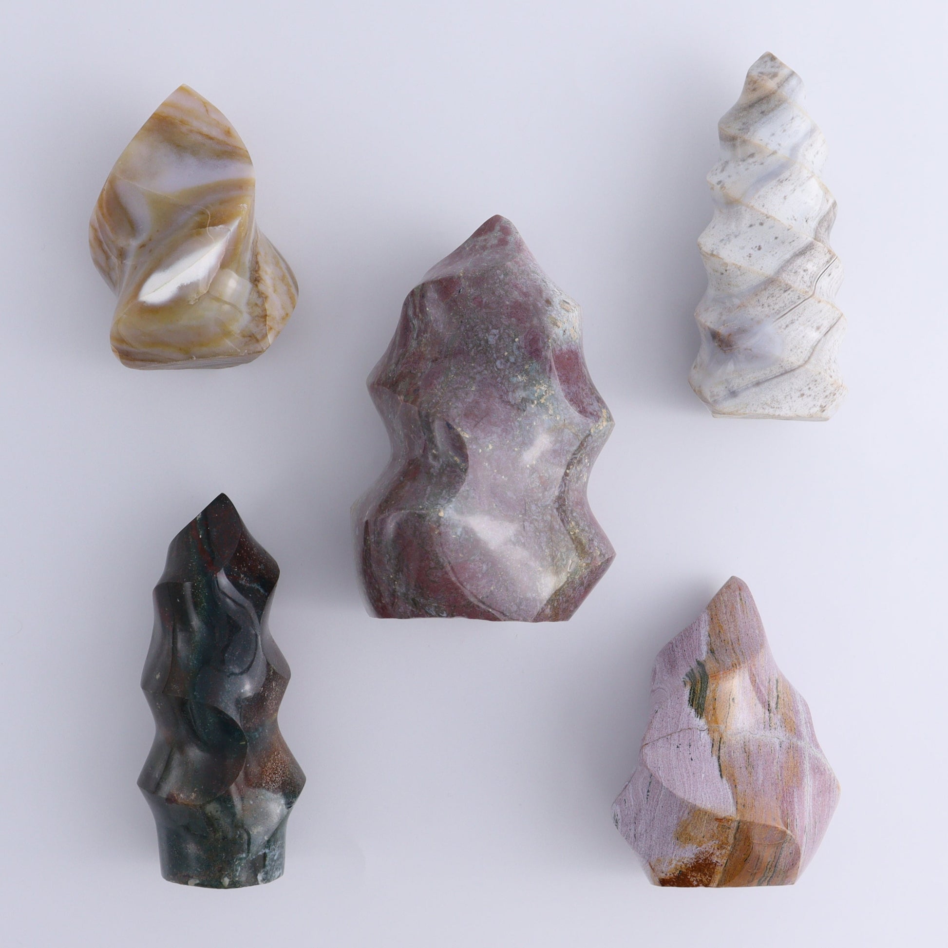 Ocean Jasper Flames Set of 5 - Expert Wholesale and Supplier of Wholesale Crystals & Bulk Gemstones, ["close_30","flames","jasper","Madagascar","Ocean Jasper"]