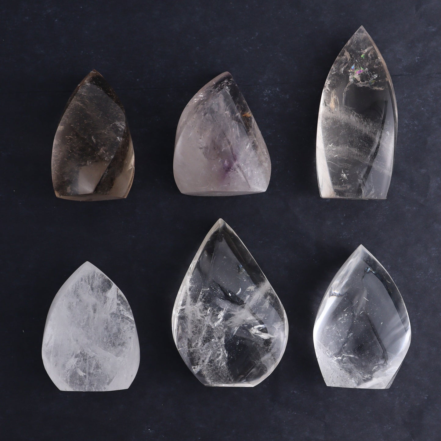 Imperfect Clear and Smoky Quartz Flames Set of 6 - Expert Wholesale and Supplier of Wholesale Crystals & Bulk Gemstones, ["Brazil","Clear Quartz","flames","Quartz","Smoky Quartz"]
