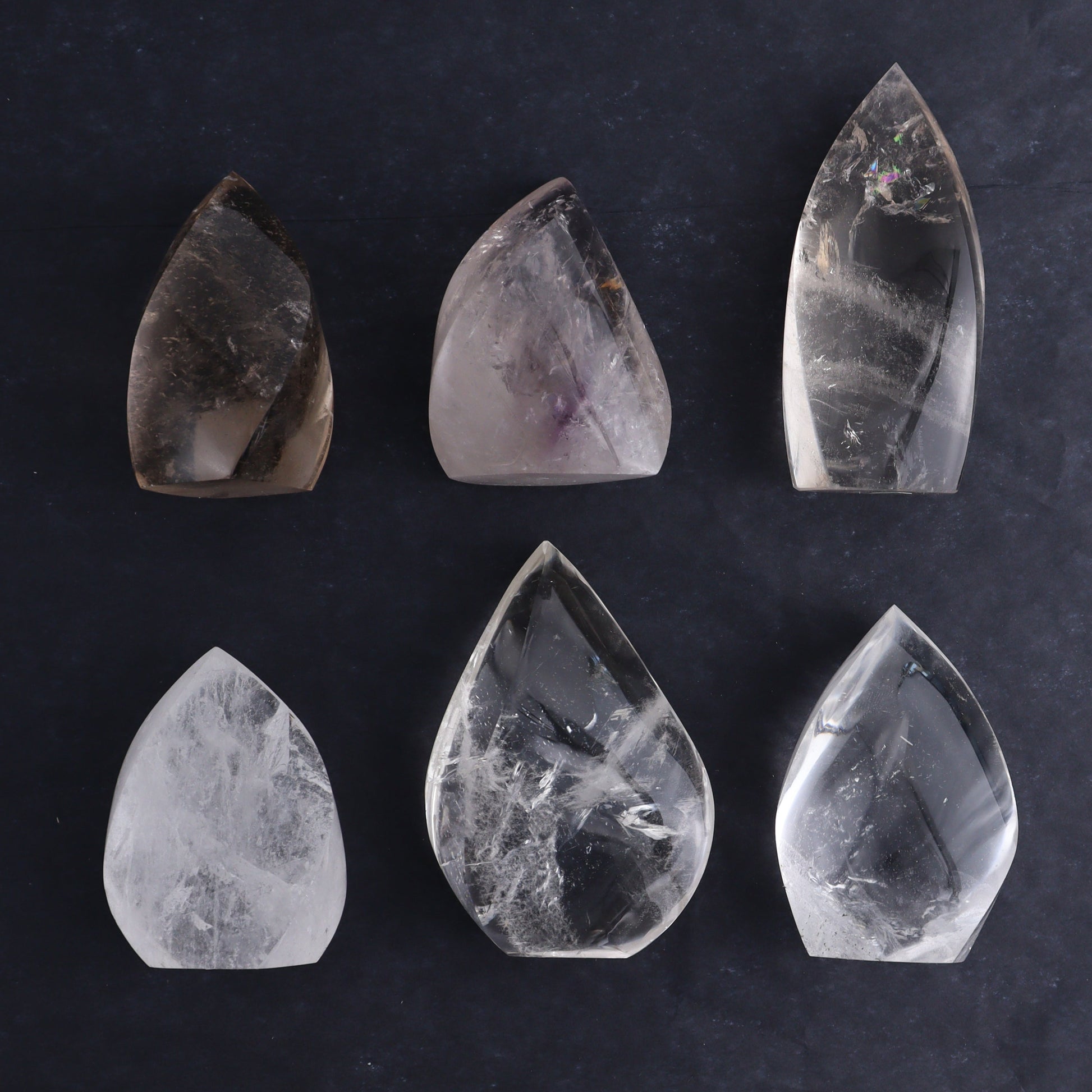 Imperfect Clear and Smoky Quartz Flames Set of 6 - Expert Wholesale and Supplier of Wholesale Crystals & Bulk Gemstones, ["Brazil","Clear Quartz","flames","Quartz","Smoky Quartz"]