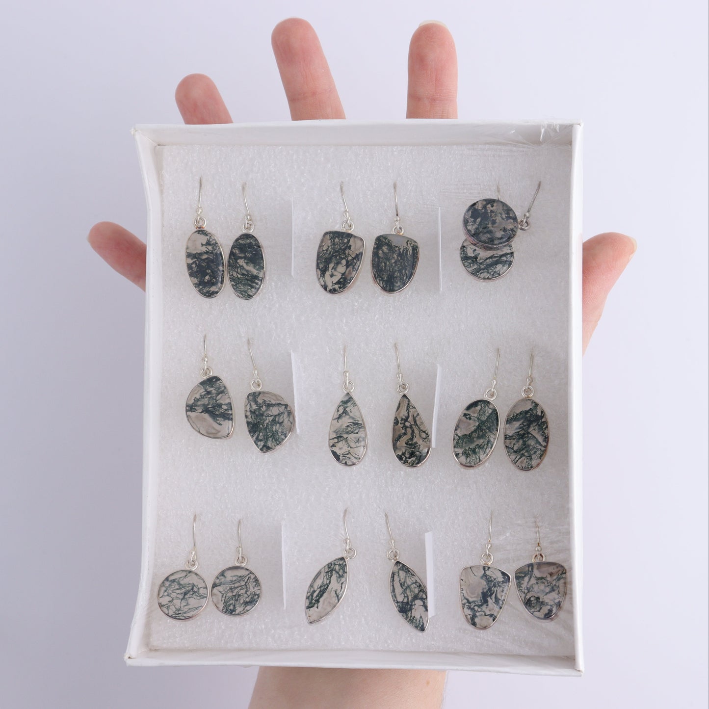 Moss Agate Earrings Pairs of 9 - Expert Wholesale and Supplier of Wholesale Crystals & Bulk Gemstones, ["close_50","earrings","India","Moss Agate","sterling silver"]