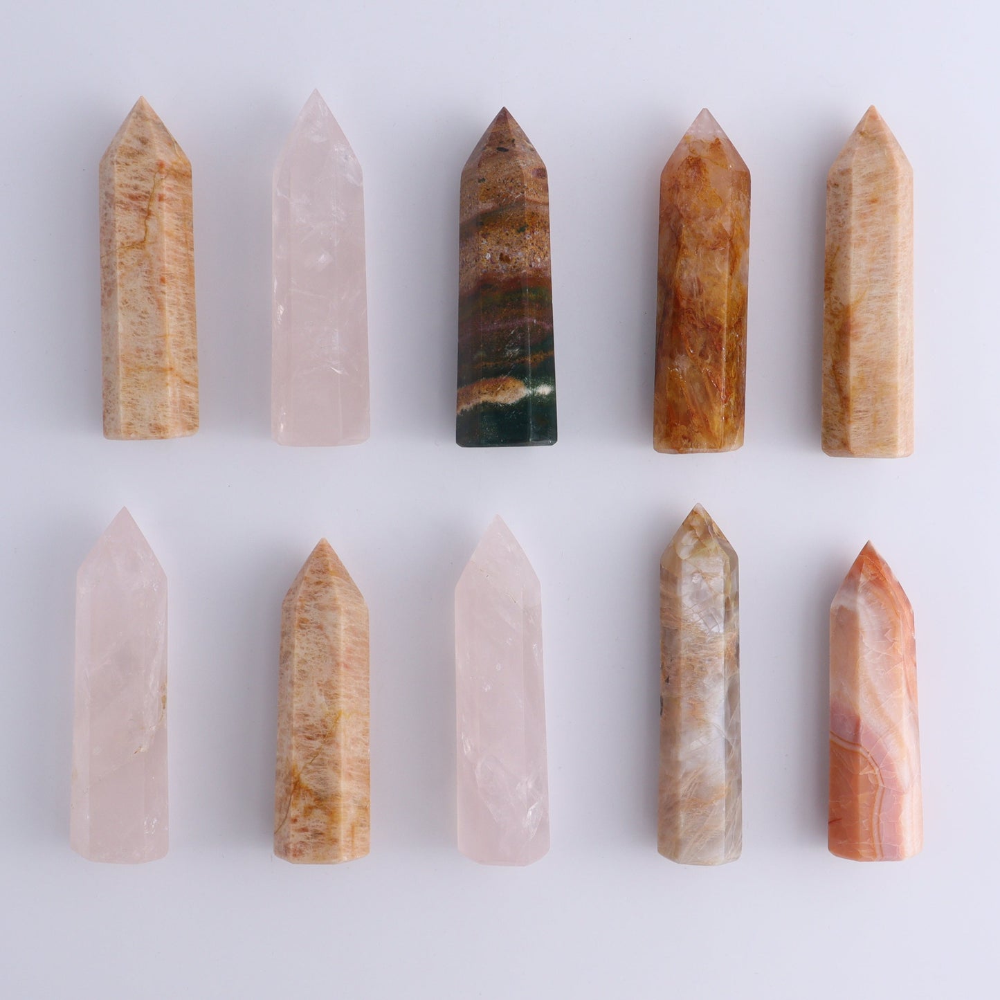 Ocean Jasper & Rose Quartz Towers Set of 10 - Expert Wholesale and Supplier of Wholesale Crystals & Bulk Gemstones, ["jasper","Madagascar","Ocean Jasper","Quartz","Rose Quartz","Towers"]