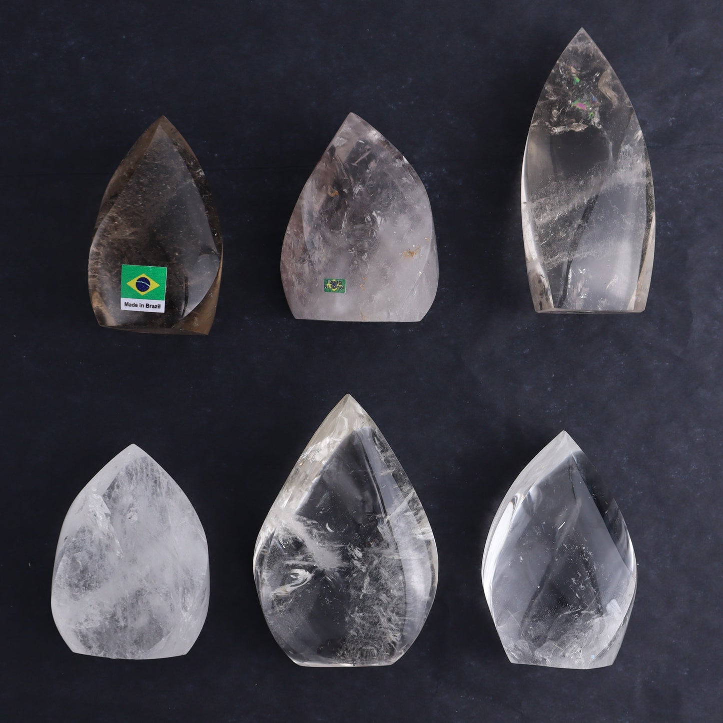 Imperfect Clear and Smoky Quartz Flames Set of 6 - Expert Wholesale and Supplier of Wholesale Crystals & Bulk Gemstones, ["Brazil","Clear Quartz","flames","Quartz","Smoky Quartz"]