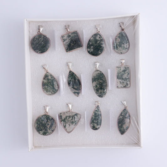 Moss Agate Pendants Set of 12 - Expert Wholesale and Supplier of Wholesale Crystals & Bulk Gemstones, ["close_50","India","Moss Agate","Pendant","Pendants","sterling silver"]