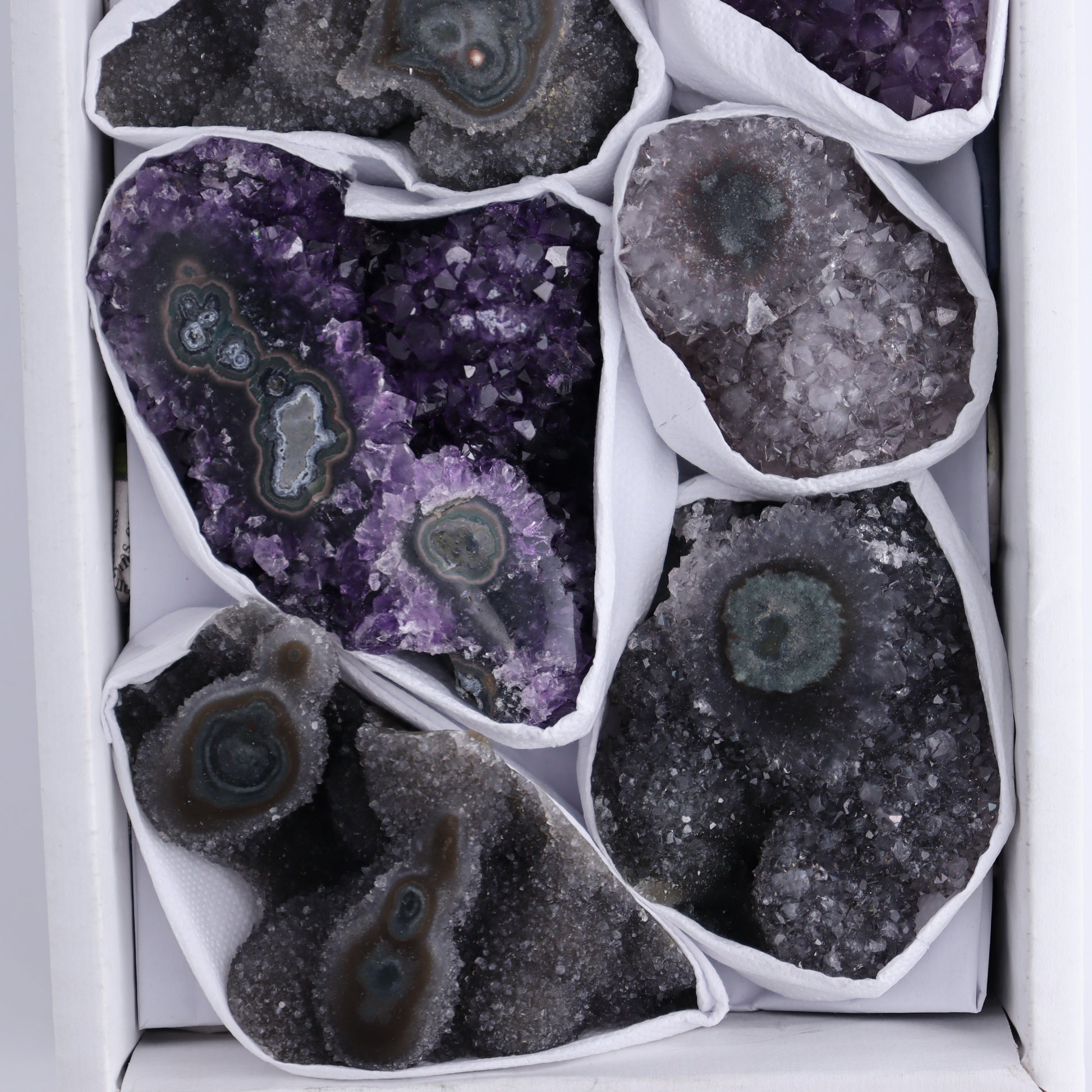 Uruguay Amethyst Clusters with "Eyes" Flat of 8 - Expert Wholesale and Supplier of Wholesale Crystals & Bulk Gemstones, ["Amethyst","Clusters","Eyes Amethyst","Uruguay"]