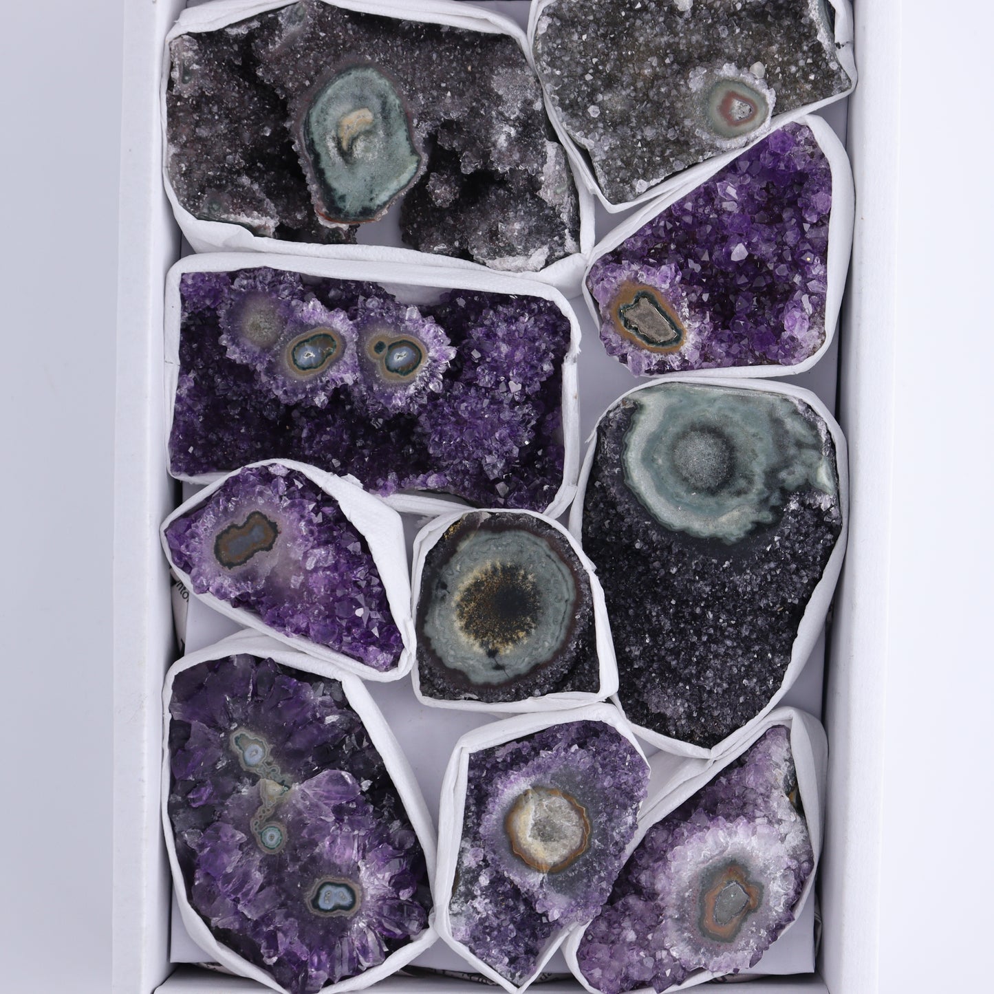 Uruguay Amethyst Clusters with "Eyes" Flat of 10 - Expert Wholesale and Supplier of Wholesale Crystals & Bulk Gemstones, ["Amethyst","Clusters","Eyes Amethyst","Uruguay"]