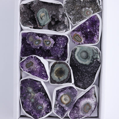 Uruguay Amethyst Clusters with "Eyes" Flat of 10 - Expert Wholesale and Supplier of Wholesale Crystals & Bulk Gemstones, ["Amethyst","Clusters","Eyes Amethyst","Uruguay"]