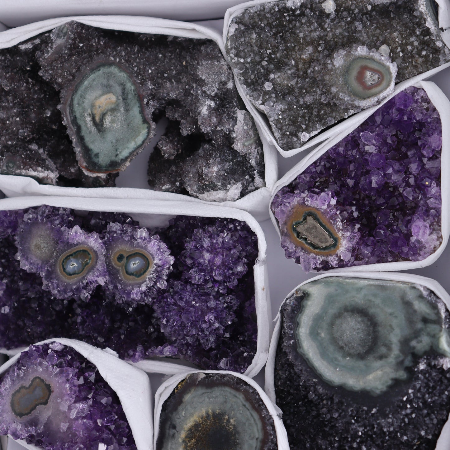 Uruguay Amethyst Clusters with "Eyes" Flat of 10 - Expert Wholesale and Supplier of Wholesale Crystals & Bulk Gemstones, ["Amethyst","Clusters","Eyes Amethyst","Uruguay"]