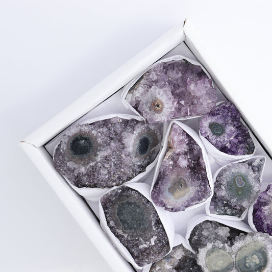 Uruguay Amethyst Clusters with "Eyes" Flat of 11 - Expert Wholesale and Supplier of Wholesale Crystals & Bulk Gemstones, ["Amethyst","Amethyst Eyes","Clusters","Uruguay"]