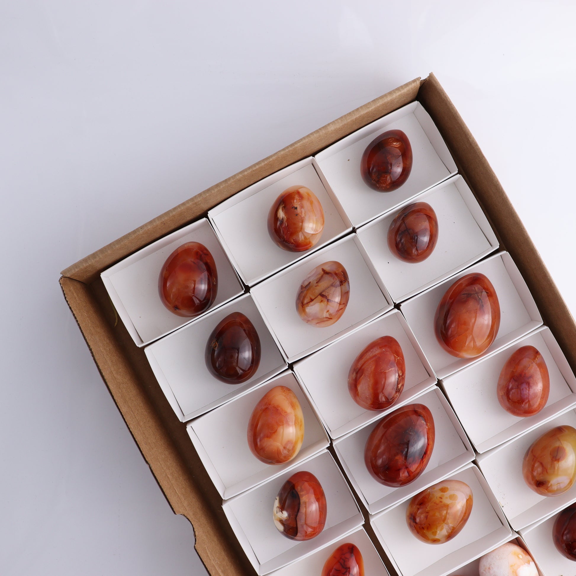 Carnelian Eggs Flat of 20 - Expert Wholesale and Supplier of Wholesale Crystals & Bulk Gemstones, ["carnelian","Eggs","Madagascar"]
