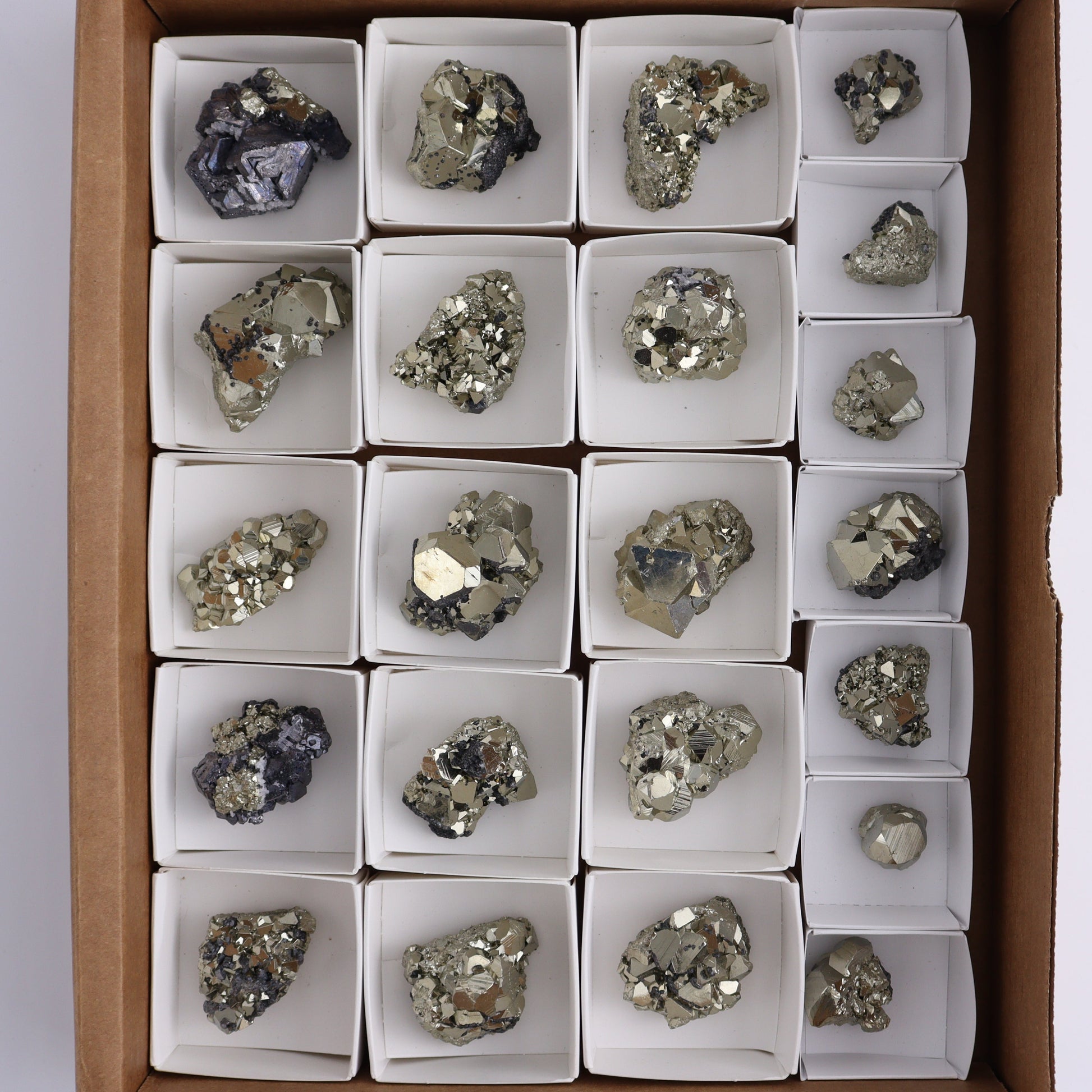 Octahedral Pyrite Clusters Set of 22 - Expert Wholesale and Supplier of Wholesale Crystals & Bulk Gemstones, ["Clusters","Octahedral Pyrite","Peru","Pyrite"]