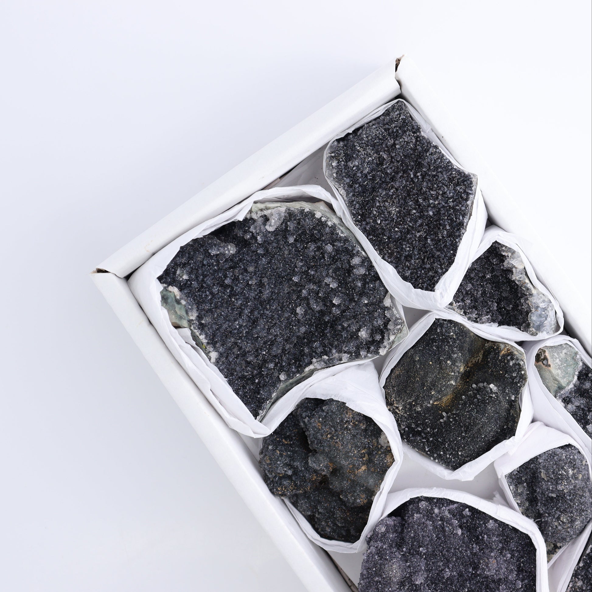 Uruguay Black Amethyst Clusters Flat of 9 - Expert Wholesale and Supplier of Wholesale Crystals & Bulk Gemstones, ["Amethyst","Black Amethyst","Clusters","Uruguay"]