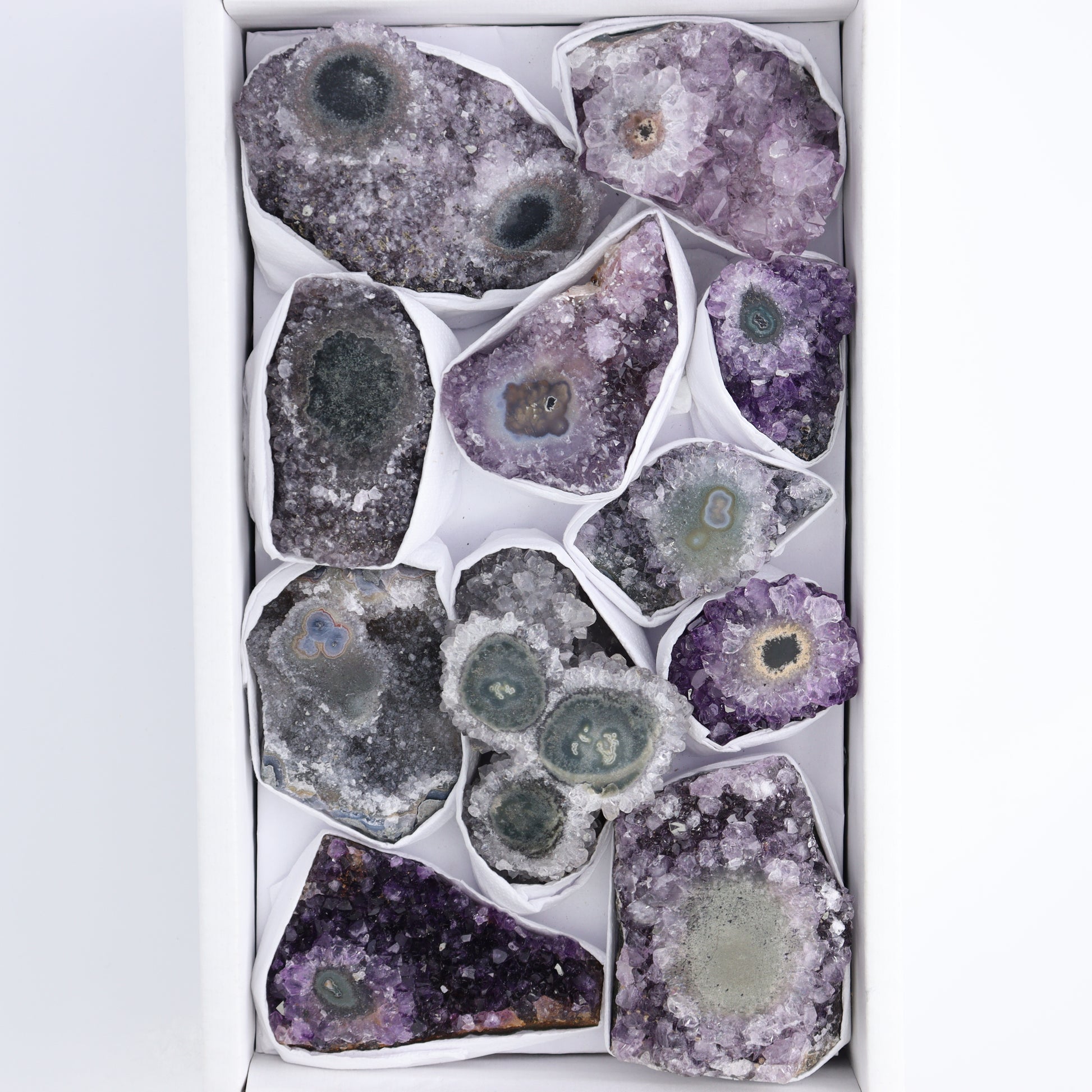 Uruguay Amethyst Clusters with "Eyes" Flat of 11 - Expert Wholesale and Supplier of Wholesale Crystals & Bulk Gemstones, ["Amethyst","Amethyst Eyes","Clusters","Uruguay"]