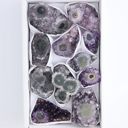 Uruguay Amethyst Clusters with "Eyes" Flat of 11 - Expert Wholesale and Supplier of Wholesale Crystals & Bulk Gemstones, ["Amethyst","Amethyst Eyes","Clusters","Uruguay"]
