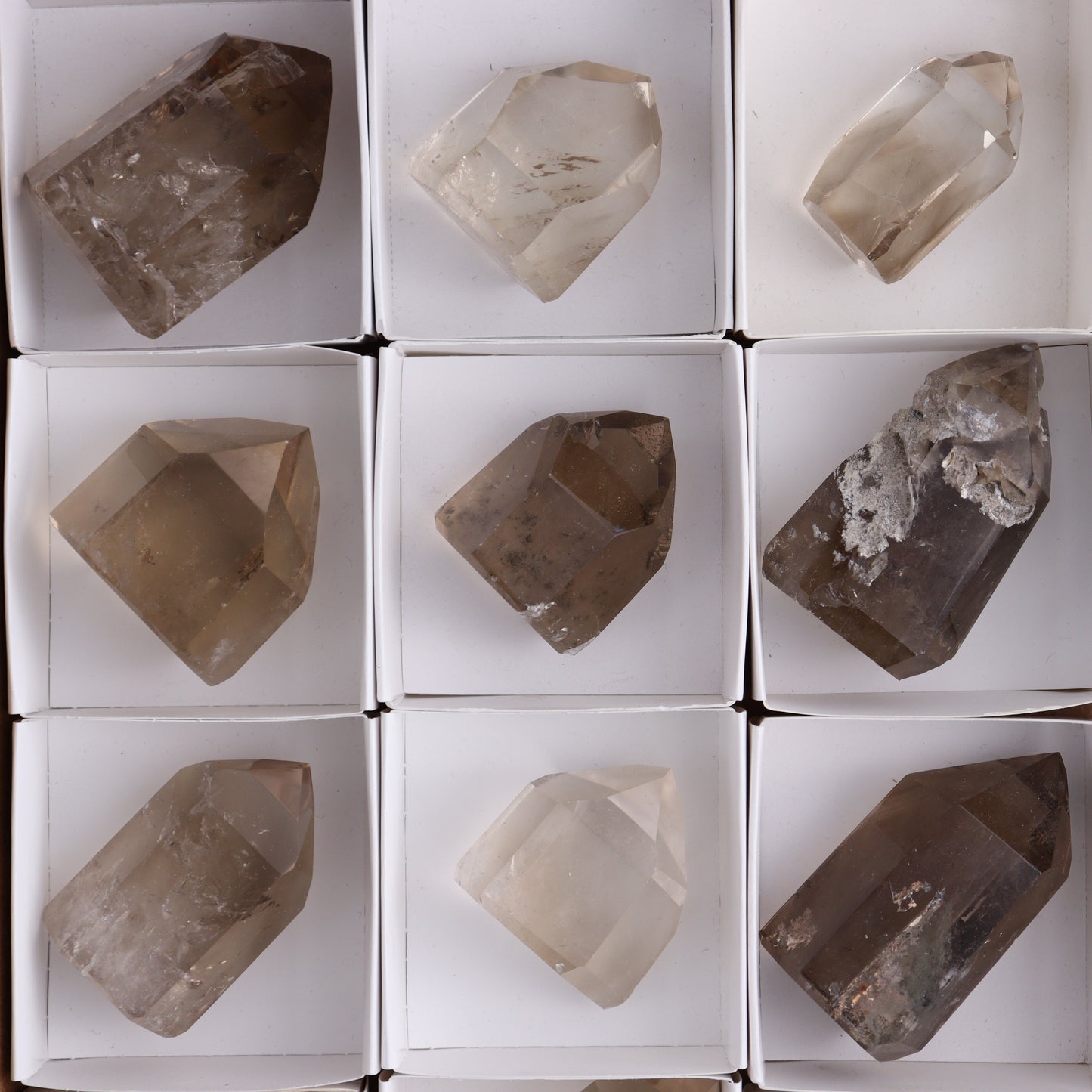 Smoky Quartz Towers Set of 12 - Expert Wholesale and Supplier of Wholesale Crystals & Bulk Gemstones, ["Points","Quartz","Smoky Quartz","Towers"]