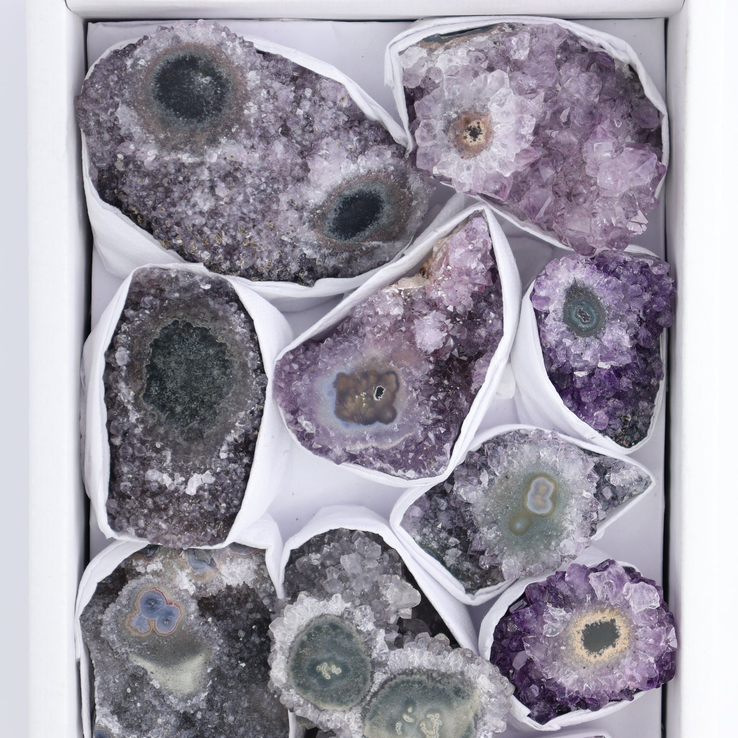 Uruguay Amethyst Clusters with "Eyes" Flat of 11 - Expert Wholesale and Supplier of Wholesale Crystals & Bulk Gemstones, ["Amethyst","Amethyst Eyes","Clusters","Uruguay"]