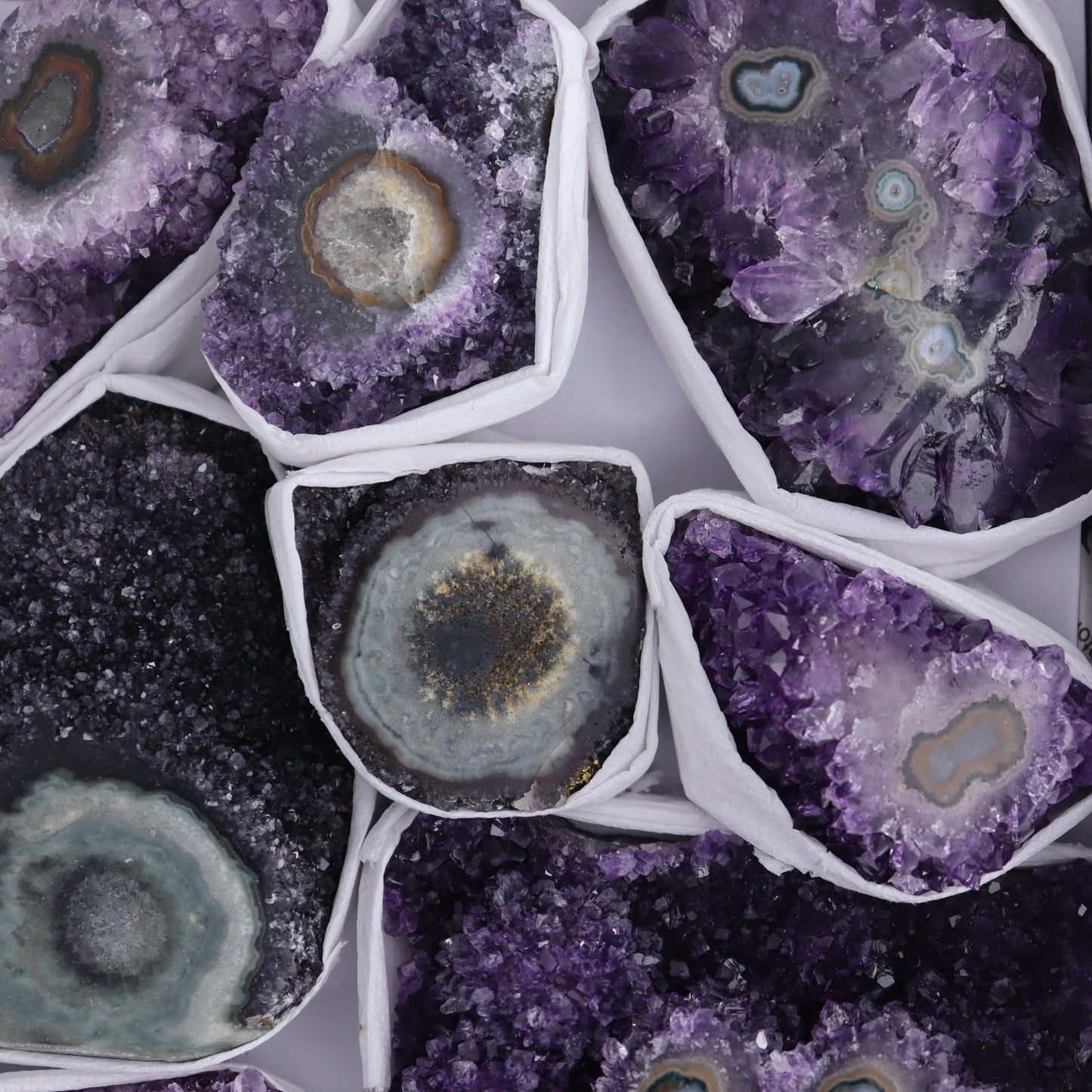 Uruguay Amethyst Clusters with "Eyes" Flat of 10 - Expert Wholesale and Supplier of Wholesale Crystals & Bulk Gemstones, ["Amethyst","Clusters","Eyes Amethyst","Uruguay"]