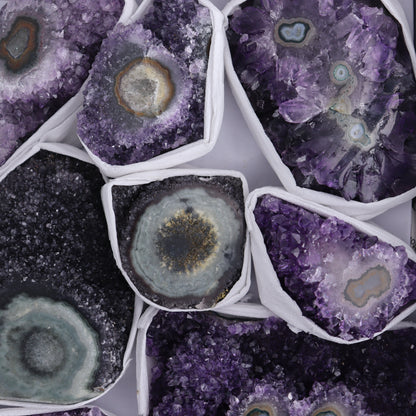 Uruguay Amethyst Clusters with "Eyes" Flat of 10 - Expert Wholesale and Supplier of Wholesale Crystals & Bulk Gemstones, ["Amethyst","Clusters","Eyes Amethyst","Uruguay"]