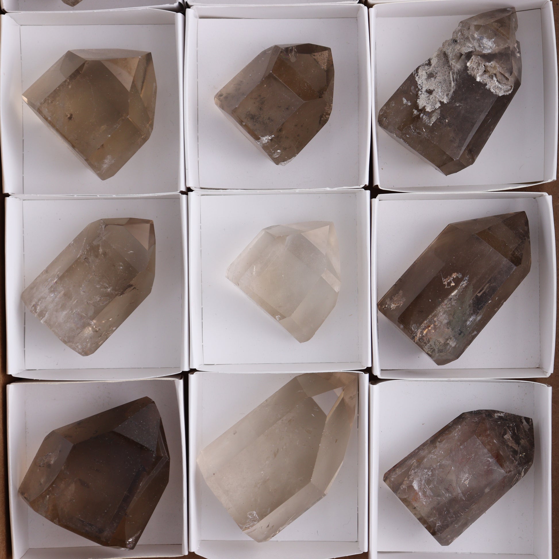 Smoky Quartz Towers Set of 12 - Expert Wholesale and Supplier of Wholesale Crystals & Bulk Gemstones, ["Points","Quartz","Smoky Quartz","Towers"]