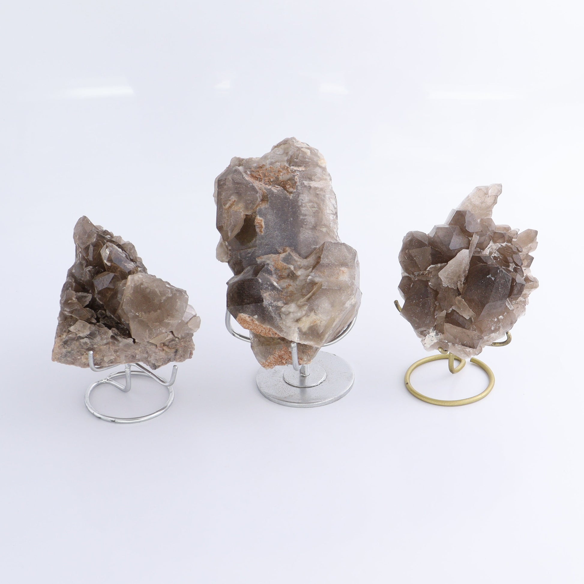 Smoky Quartz Clusters with Stand Set of 3 - Expert Wholesale and Supplier of Wholesale Crystals & Bulk Gemstones, ["cluster","Clusters","Quartz","Smoky Quartz"]