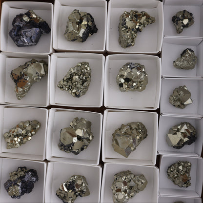 Octahedral Pyrite Clusters Set of 22 - Expert Wholesale and Supplier of Wholesale Crystals & Bulk Gemstones, ["Clusters","Octahedral Pyrite","Peru","Pyrite"]