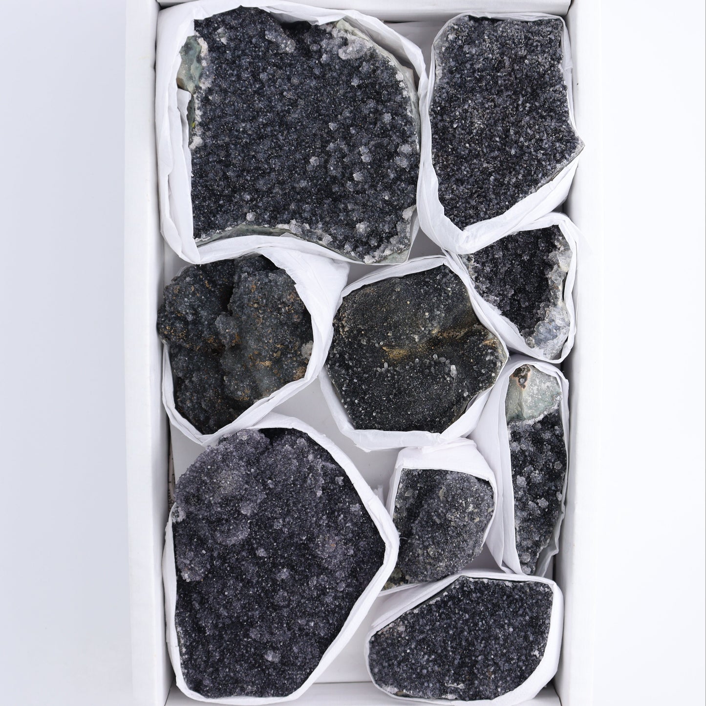 Uruguay Black Amethyst Clusters Flat of 9 - Expert Wholesale and Supplier of Wholesale Crystals & Bulk Gemstones, ["Amethyst","Black Amethyst","Clusters","Uruguay"]