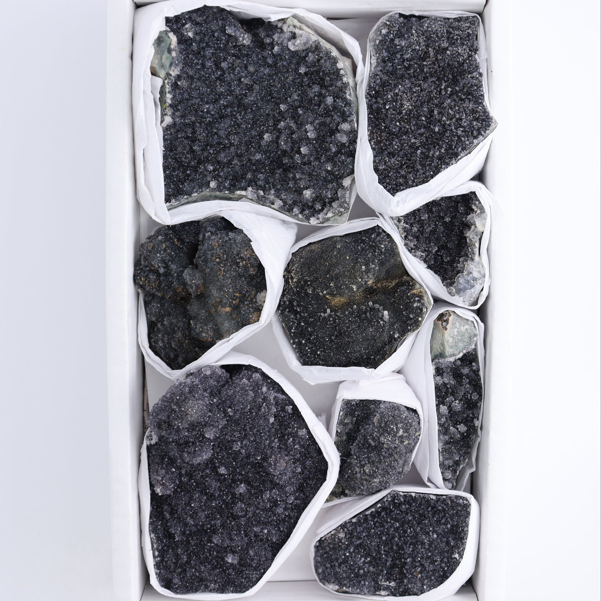 Uruguay Black Amethyst Clusters Flat of 9 - Expert Wholesale and Supplier of Wholesale Crystals & Bulk Gemstones, ["Amethyst","Black Amethyst","Clusters","Uruguay"]