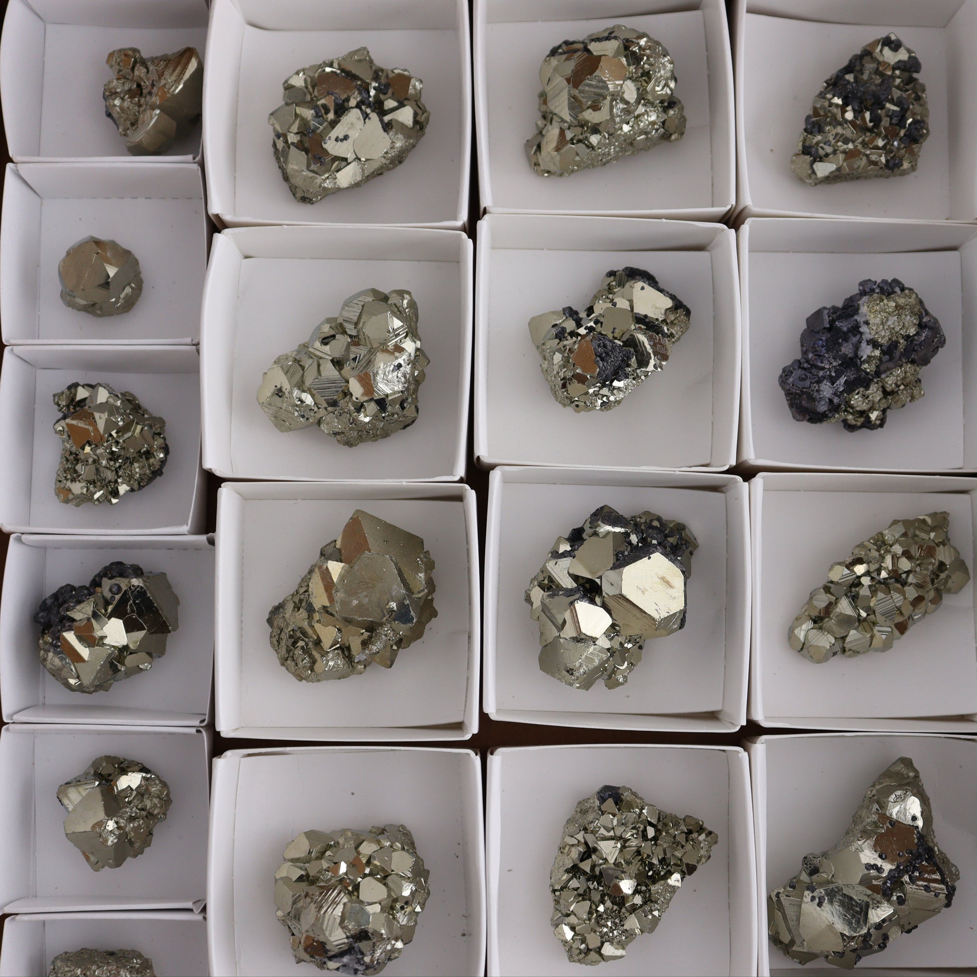 Octahedral Pyrite Clusters Set of 22 - Expert Wholesale and Supplier of Wholesale Crystals & Bulk Gemstones, ["Clusters","Octahedral Pyrite","Peru","Pyrite"]