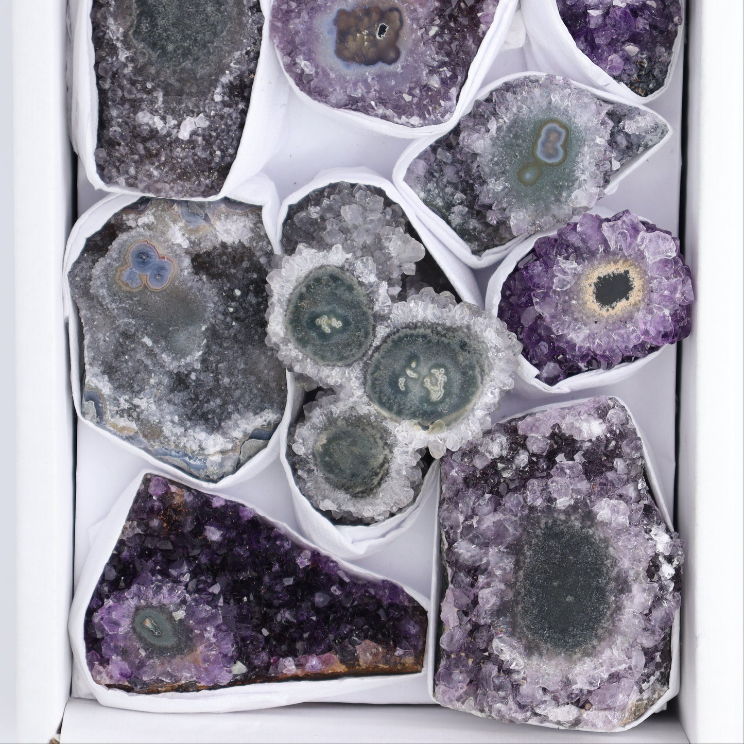 Uruguay Amethyst Clusters with "Eyes" Flat of 11 - Expert Wholesale and Supplier of Wholesale Crystals & Bulk Gemstones, ["Amethyst","Amethyst Eyes","Clusters","Uruguay"]