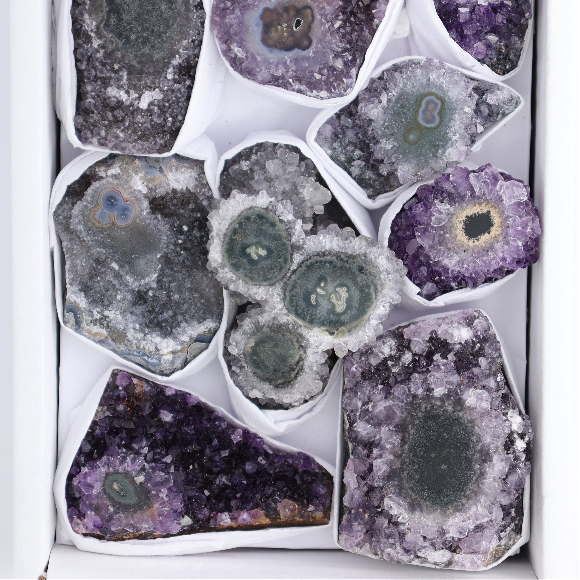 Uruguay Amethyst Clusters with "Eyes" Flat of 11 - Expert Wholesale and Supplier of Wholesale Crystals & Bulk Gemstones, ["Amethyst","Amethyst Eyes","Clusters","Uruguay"]