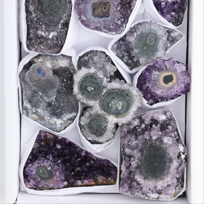 Uruguay Amethyst Clusters with "Eyes" Flat of 11 - Expert Wholesale and Supplier of Wholesale Crystals & Bulk Gemstones, ["Amethyst","Amethyst Eyes","Clusters","Uruguay"]