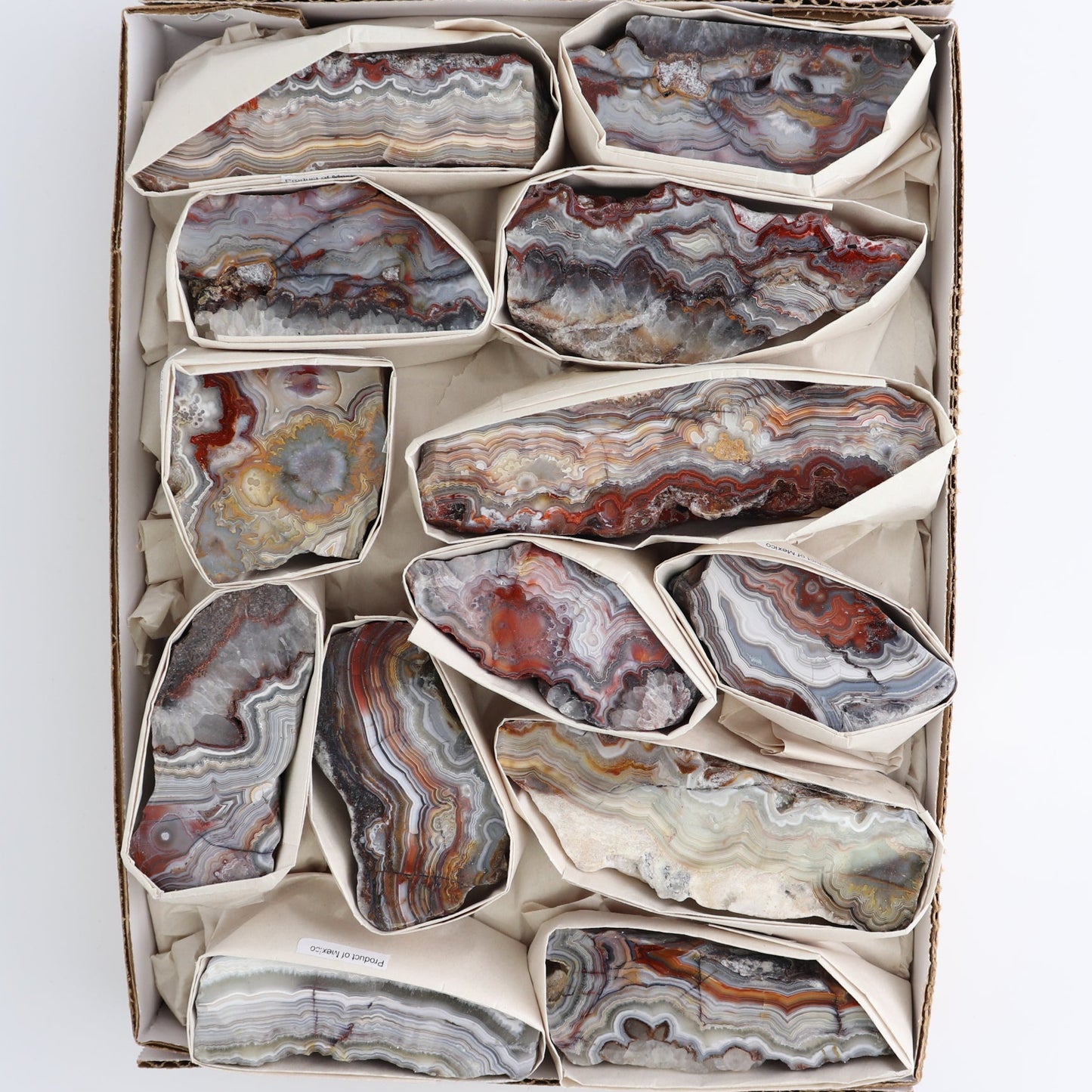 Crazy Lace Agate Flat of 13