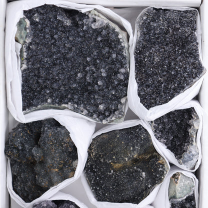 Uruguay Black Amethyst Clusters Flat of 9 - Expert Wholesale and Supplier of Wholesale Crystals & Bulk Gemstones, ["Amethyst","Black Amethyst","Clusters","Uruguay"]
