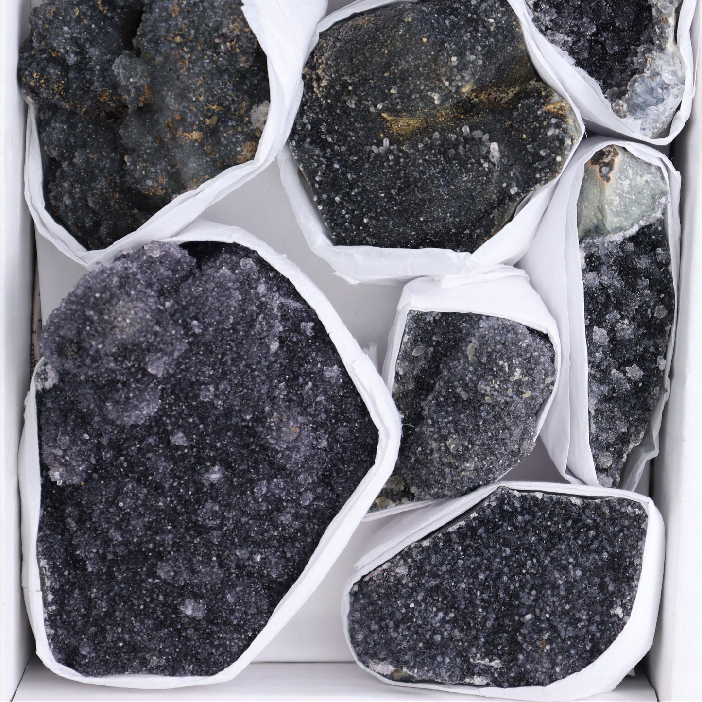 Uruguay Black Amethyst Clusters Flat of 9 - Expert Wholesale and Supplier of Wholesale Crystals & Bulk Gemstones, ["Amethyst","Black Amethyst","Clusters","Uruguay"]