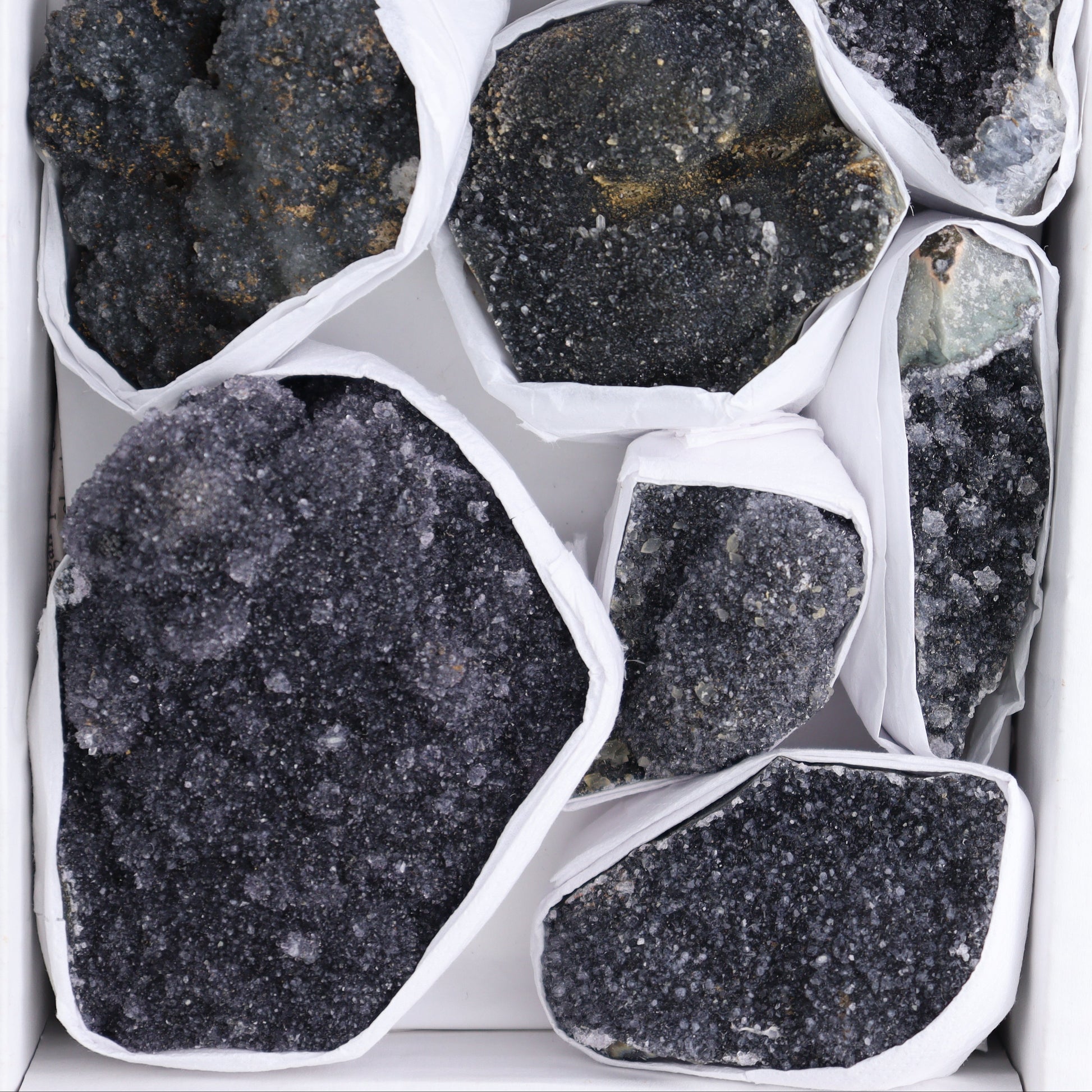 Uruguay Black Amethyst Clusters Flat of 9 - Expert Wholesale and Supplier of Wholesale Crystals & Bulk Gemstones, ["Amethyst","Black Amethyst","Clusters","Uruguay"]