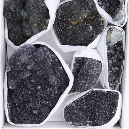 Uruguay Black Amethyst Clusters Flat of 9 - Expert Wholesale and Supplier of Wholesale Crystals & Bulk Gemstones, ["Amethyst","Black Amethyst","Clusters","Uruguay"]