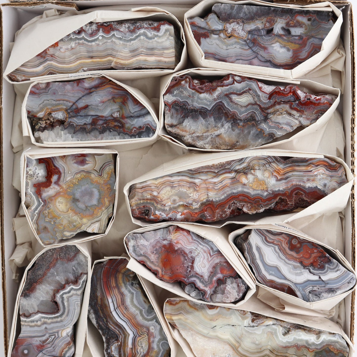 Crazy Lace Agate Flat of 13