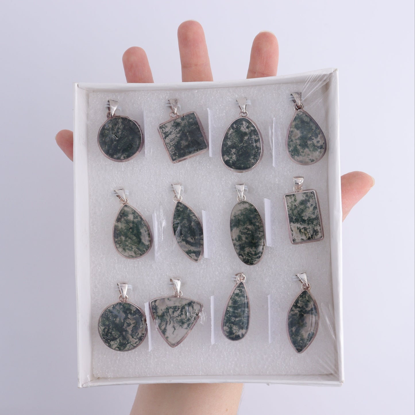 Moss Agate Pendants Set of 12 - Expert Wholesale and Supplier of Wholesale Crystals & Bulk Gemstones, ["close_50","India","Moss Agate","Pendant","Pendants","sterling silver"]