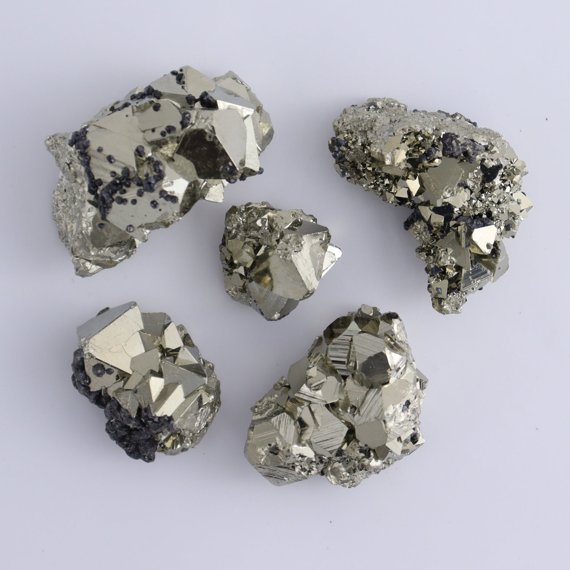 Octahedral Pyrite Clusters Set of 22 - Expert Wholesale and Supplier of Wholesale Crystals & Bulk Gemstones, ["Clusters","Octahedral Pyrite","Peru","Pyrite"]