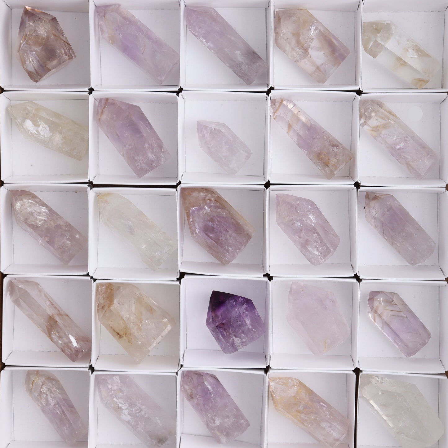 Powellite Amethyst UV Reactive Towers Set of 30 - Expert Wholesale and Supplier of Wholesale Crystals & Bulk Gemstones, ["Amethyst","Powellite"]
