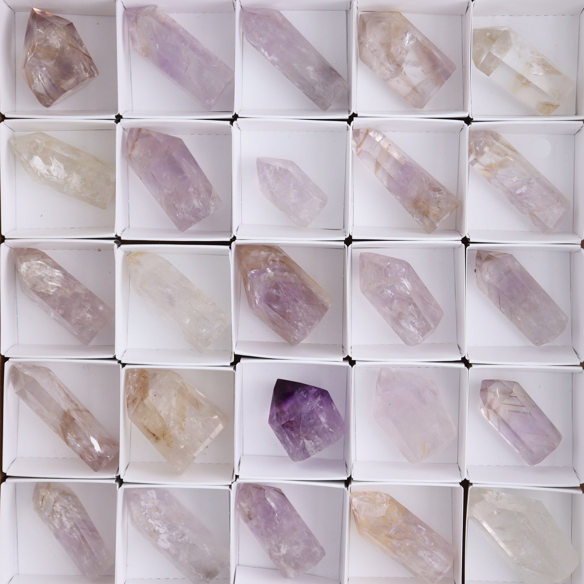 Powellite Amethyst UV Reactive Towers Set of 30 - Expert Wholesale and Supplier of Wholesale Crystals & Bulk Gemstones, ["Amethyst","Powellite"]