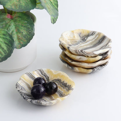 One Mexican Onyx/Calcite Yellow Zebra Scalloped Dish 10 cm