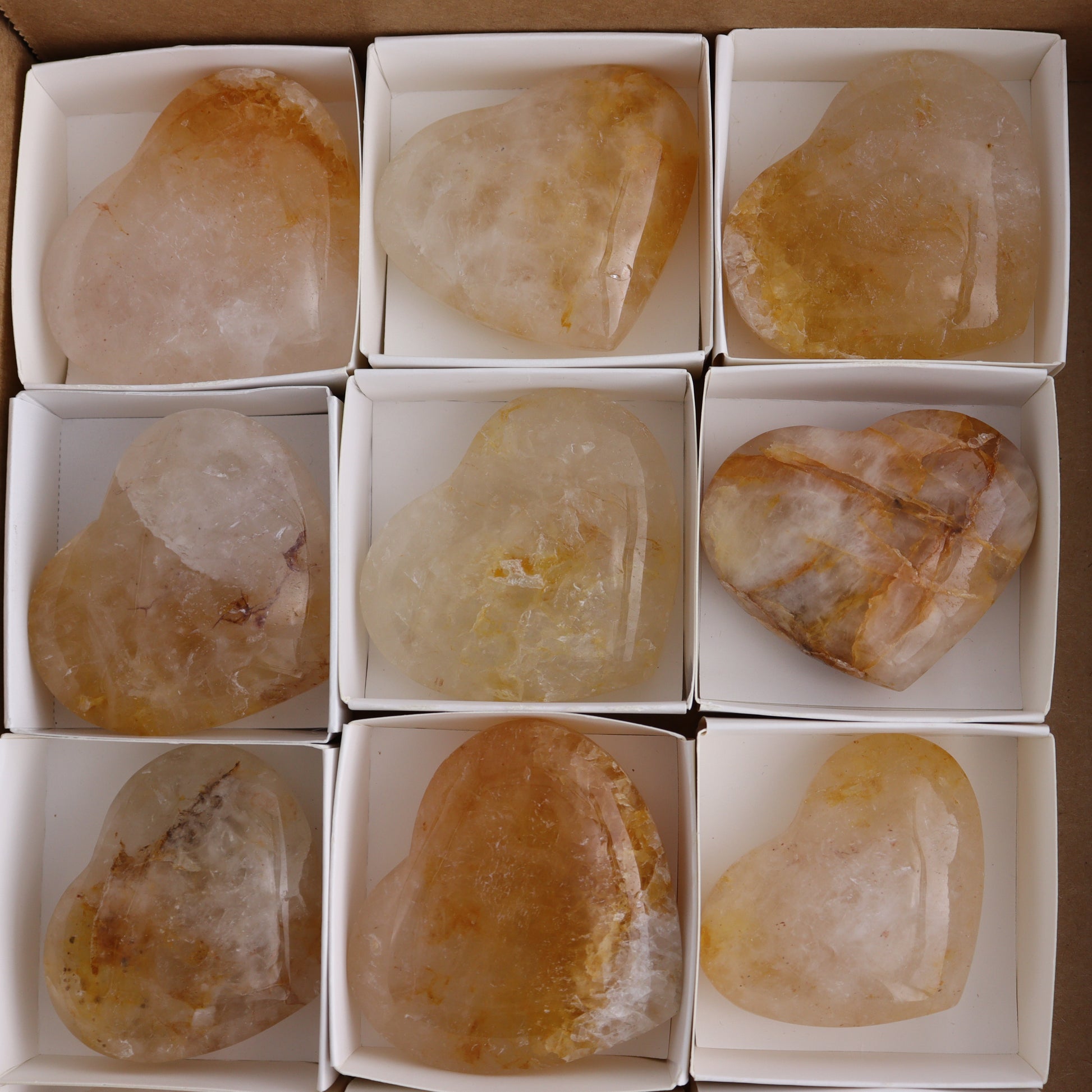 Golden Healer Hearts Set of 12 - Expert Wholesale and Supplier of Wholesale Crystals & Bulk Gemstones, ["Brazil","Golden Healer","Hearts"]