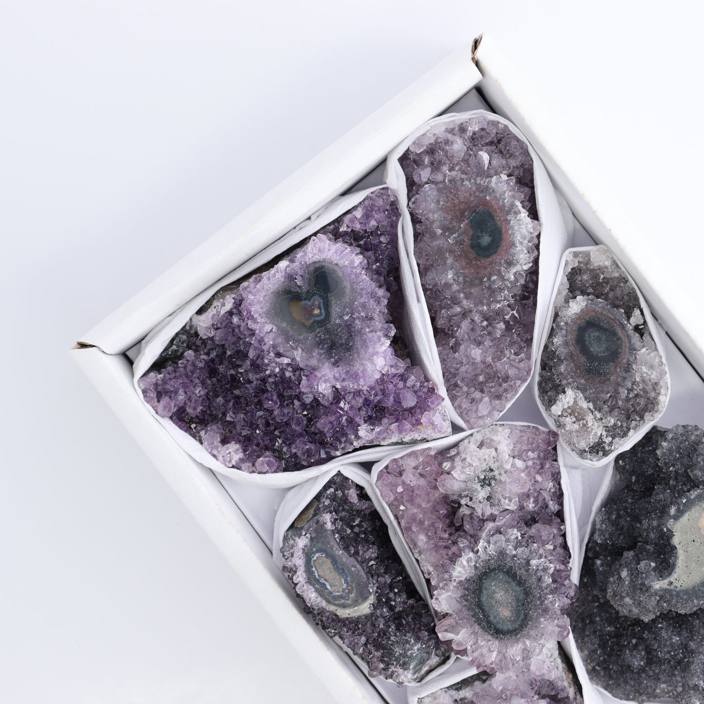 Uruguay Amethyst Clusters with "Eyes" Flat of 9 - Expert Wholesale and Supplier of Wholesale Crystals & Bulk Gemstones, ["Amethyst","Amethyst Eyes","Clusters","Uruguay"]